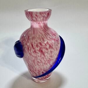 Pink Art Glass Vase Cobalt Blue Ribbon Hand Blown Murano Style 5”